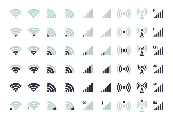 Vector iconos wifi de teléfonos inteligentes indicadores de teléfonos móviles sin señal niveles de intensidad de señal wifi 5g y lte conjunto de ilustraciones vectoriales planas