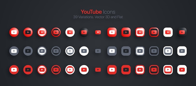 Iconos de youtube en 3d moderno y plano en diferentes variaciones