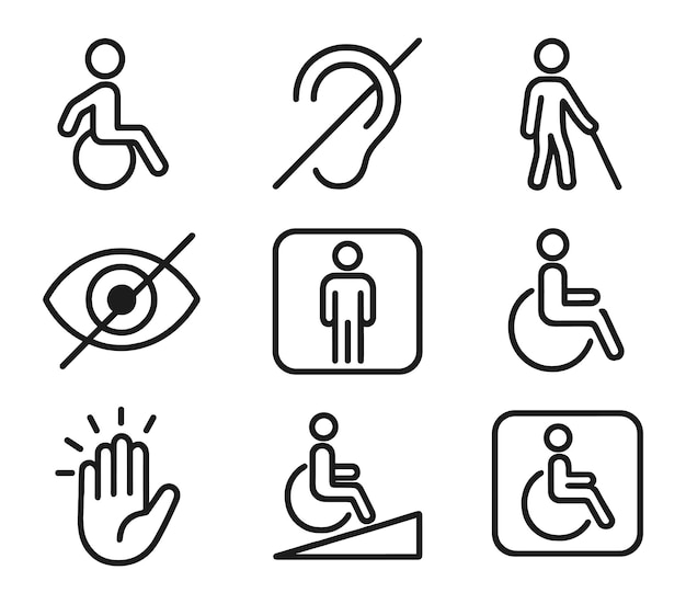 Icons representing various disabilities and accessibility symbols in simple black and white design
