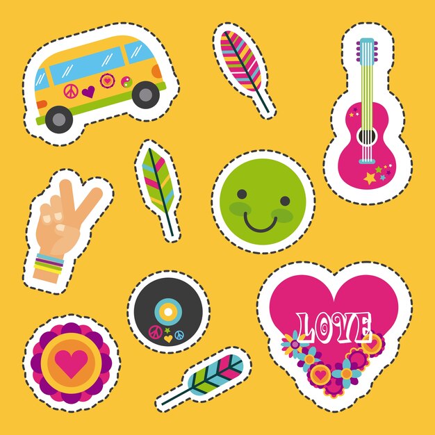 Icons set hippie scenery cartoon