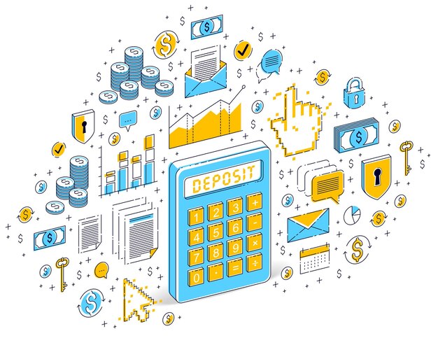 Idea de calculadora aislada sobre fondo blanco, concepto de depósito. Ilustración isométrica de finanzas vectoriales 3d con iconos, gráficos estadísticos y elementos de diseño.