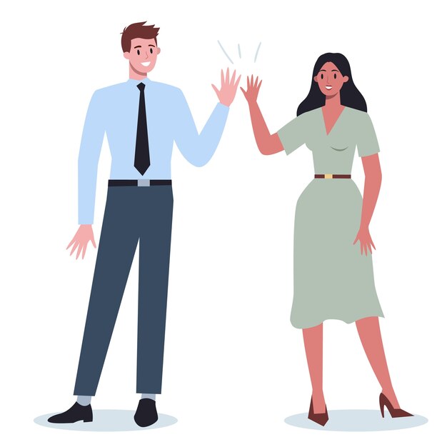 Idea de comunicación de personas de negocios. Hombre y mujer de negocios trabajando juntos y teniendo éxito. Hombre y mujer de negocios chocan los cinco.