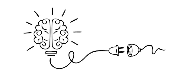 Idea concepto cerebro humano y icono de bombilla garabateado dibujado a mano dibujo de líneas de contorno