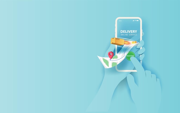 Idea de concepto de smartphone de entrega en línea. Envío de paquete de entrega de respuesta rápida en el móvil. Seguimiento de pedidos en línea con ubicación en el mapa mundial. Servicio de entrega logística. Ruta de paquetes en la pantalla Vector.