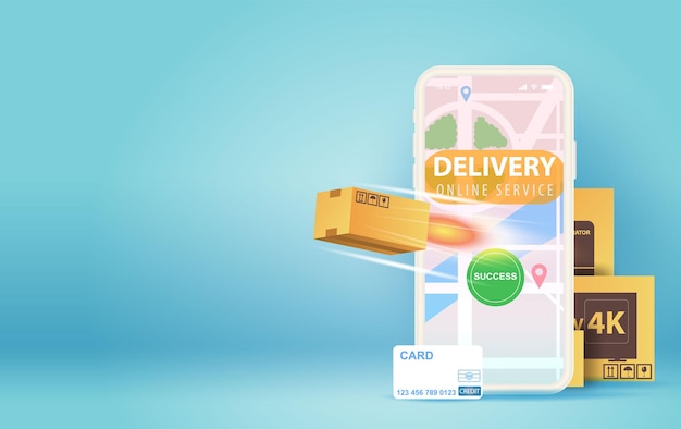 Idea de concepto de smartphone de entrega en línea. Envío de paquete de entrega de respuesta rápida en el móvil. Seguimiento de pedidos en línea con ubicación en el mapa mundial. Servicio de entrega logística. Ruta de paquetes en la pantalla Vector.