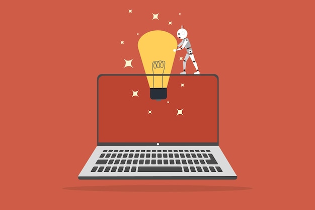 Idea de concepto de tecnología AI fuera de la computadora portátil AI sostener bombilla Internet global Nueva idea crecimiento del negocio con poder creativo