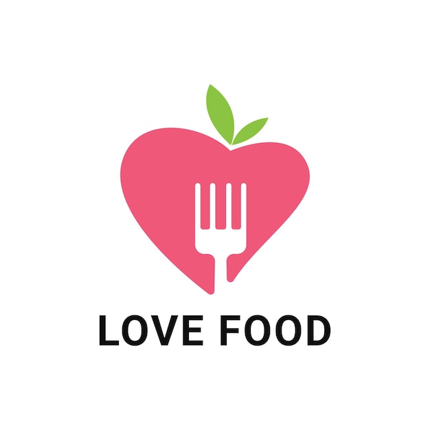 Idea creativa de diseño de logotipo de comida de amor con símbolo de tenedor de corazón y hoja