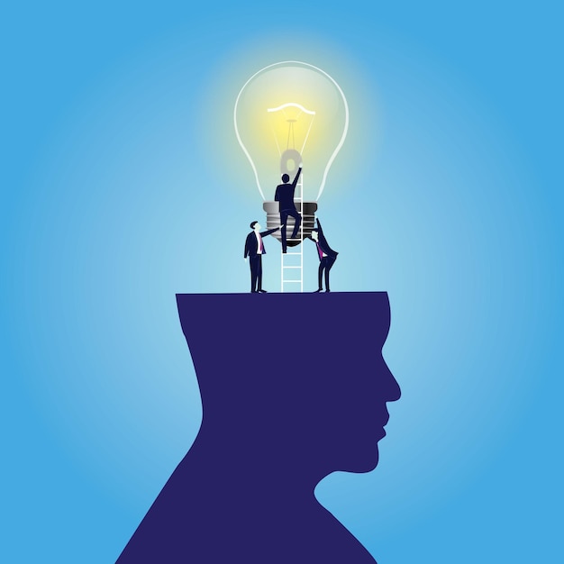 Vector idea creativa mente concepto hombre de negocios con bombilla dentro de la cabeza innovación en los negocios