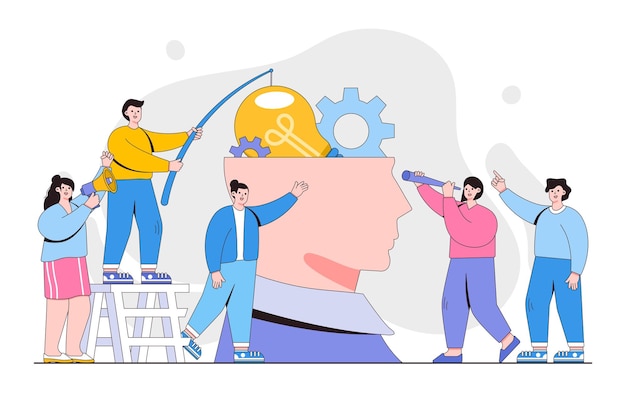 Idea creativa en el trabajo en equipo principal lluvia de ideas pensamiento ideológico para resolver y crear nuevos proyectos innovadores Estilo de diseño de esquema ilustración vectorial mínima para imágenes de héroe de página de destino