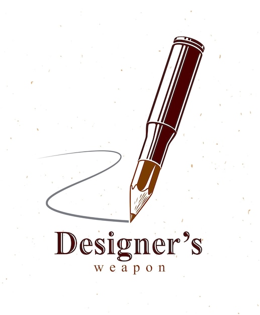 Idea es un concepto de arma, arma de una alegoría de diseñador o artista que se muestra como un cartucho de arma de fuego con lápiz en lugar de bala, poder creativo, logotipo vectorial o icono.