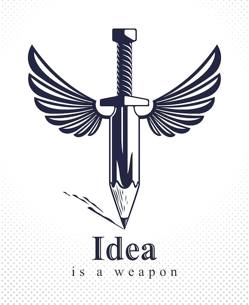 Idea es un concepto de arma, arma de una alegoría de diseñador o artista que se muestra como espada alada con lápiz en lugar de hoja, poder creativo, logotipo vectorial o icono.
