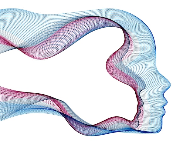 Idea futurista del alma de software digital de la máquina, espíritu del período de evolución del tiempo tecnocrático, ilustración de vector de cabeza humana hecha de matriz de flujo de partículas punteadas.