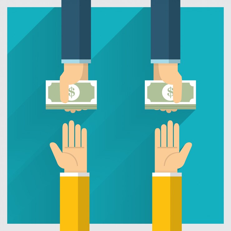 Vector idea de intercambio de dinero a mano y una forma de proporcionar beneficio.