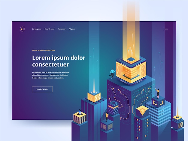Idea de interfaz de página de inicio de sitio web de ciudad futurista con ilustraciones isométricas. base de datos virtual