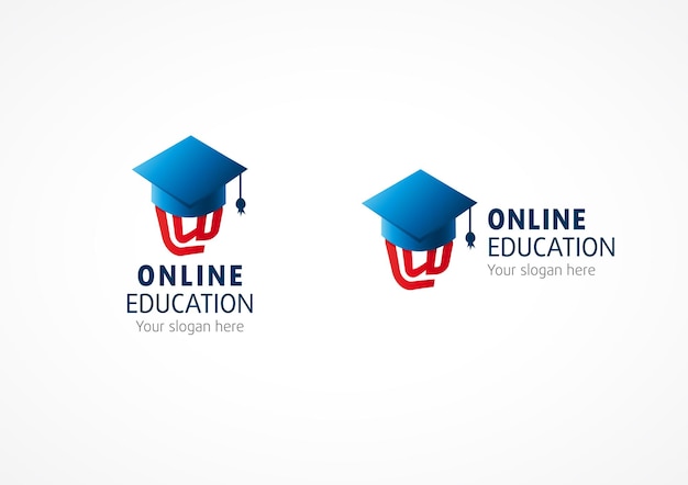 Idea de logotipo vectorial de graduación de escuela secundaria en línea Símbolo digital de signo de correo electrónico con gorra académica cuadrada