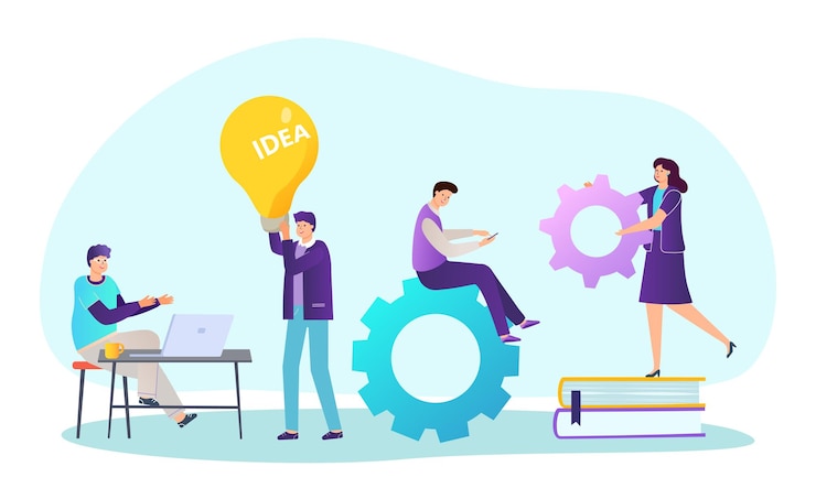 Vector idea de negocio trabajo en equipo concepto vector ilustración personas planas carácter uso gráfico financiero mujer mostrar marketing gráfico equipo de tecnología en la mesa