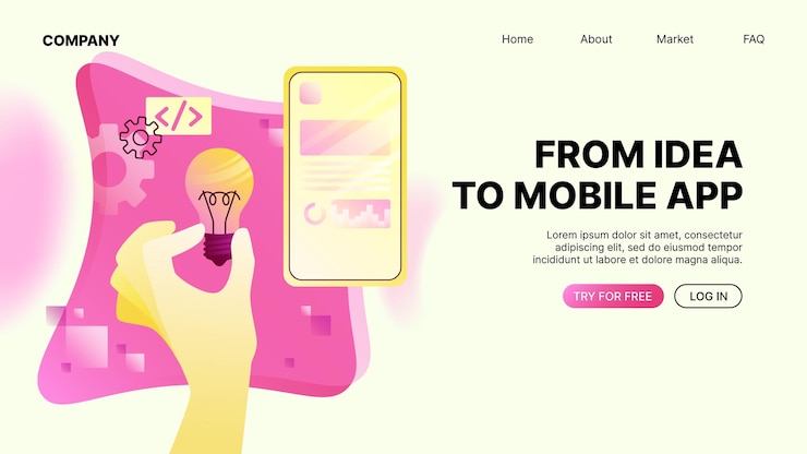 Vector de la idea a la página de inicio del sitio web de desarrollo de aplicaciones de banner de aplicación móvil