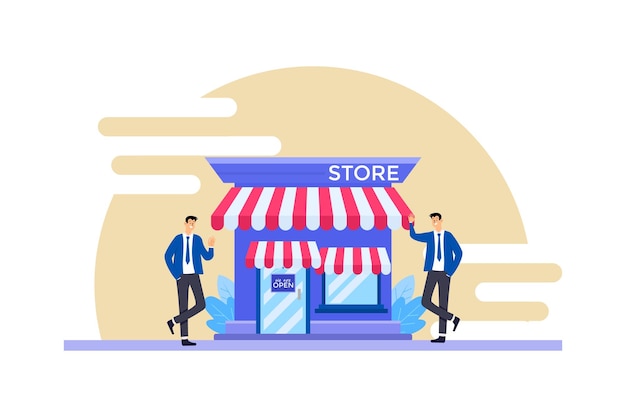 Idea de pequeño negocio dos personas de negocios que se saludan se dirigen a la tienda o tienda