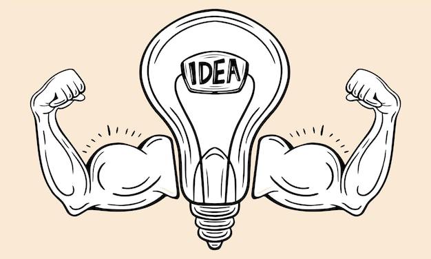 idea poderosa fuerte innovación creatividad bombilla con brazos fuertes vector dibujado a mano
