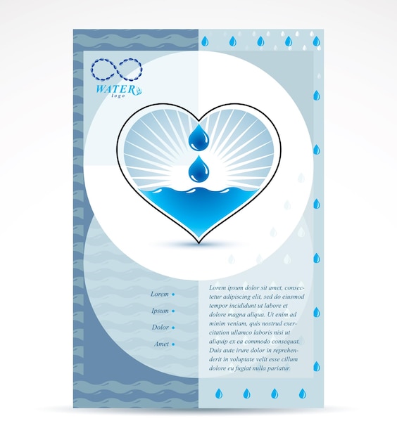 Vector idea de promoción de negocios de purificación de agua, página principal del folleto. guardar idea de agua, forma de corazón vectorial.