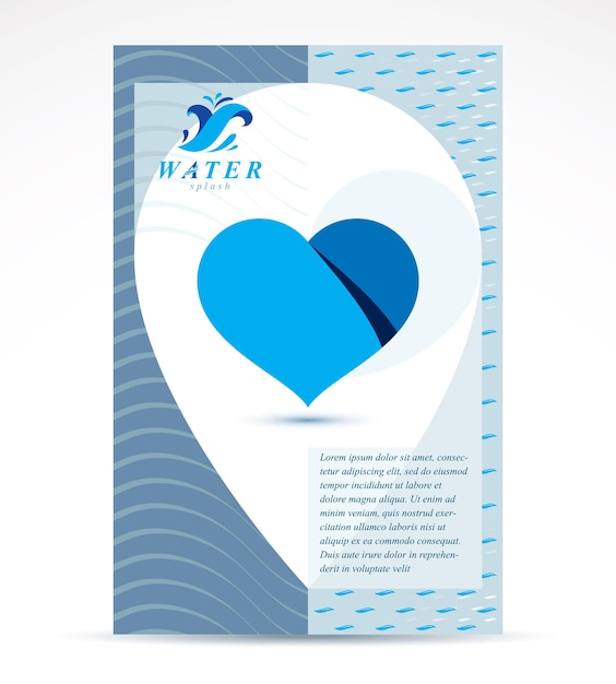 Vector idea de promoción de negocios de purificación de agua, página principal del folleto. guardar idea de agua, forma de corazón vectorial.