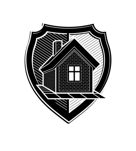 Idea de protección de la propiedad, símbolo heráldico estilizado con casa clásica. El elemento gráfico vectorial de la agencia inmobiliaria, el escudo conceptual, se puede utilizar en el diseño web.