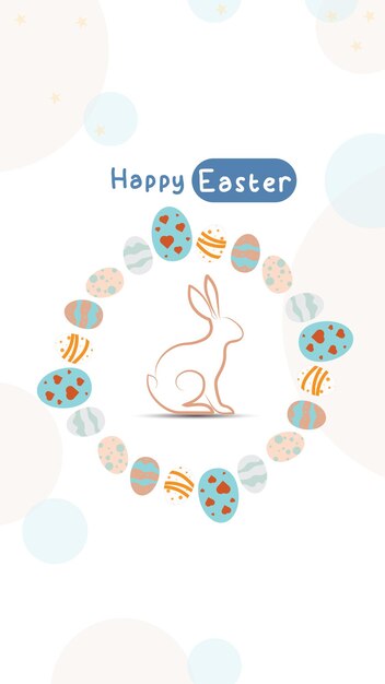 La idea de la publicación en las redes sociales para el fondo del huevo de Pascua aislado en el conejo de la línea de dibujo de la mano blanca