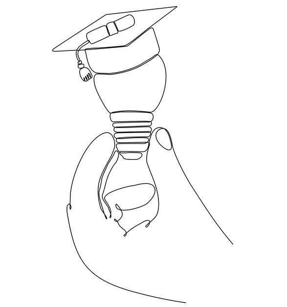 Idea de símbolo de bombilla dibujando una línea continua. Mano que sostiene la gorra de soltero sobre la lámpara