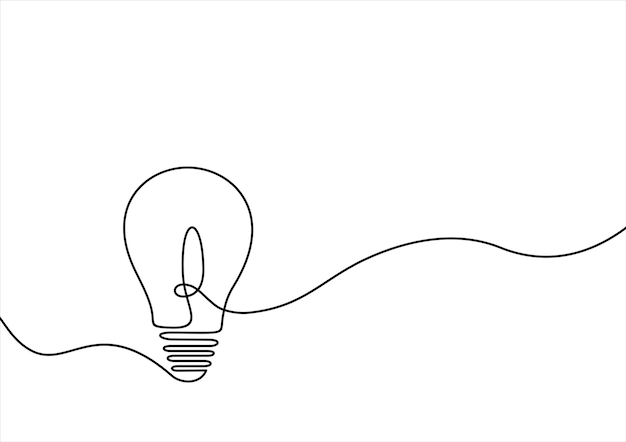 Idea de símbolo de bombilla de dibujo continuo de una línea y creatividad aislada sobre fondo blanco