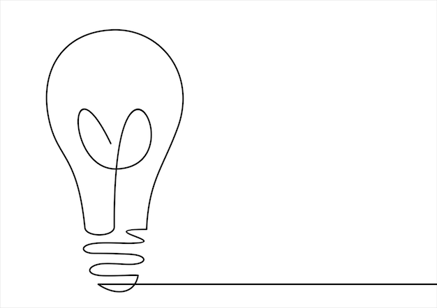 Idea de símbolo de bombilla de dibujo continuo de una línea y creatividad aislada sobre fondo blanco