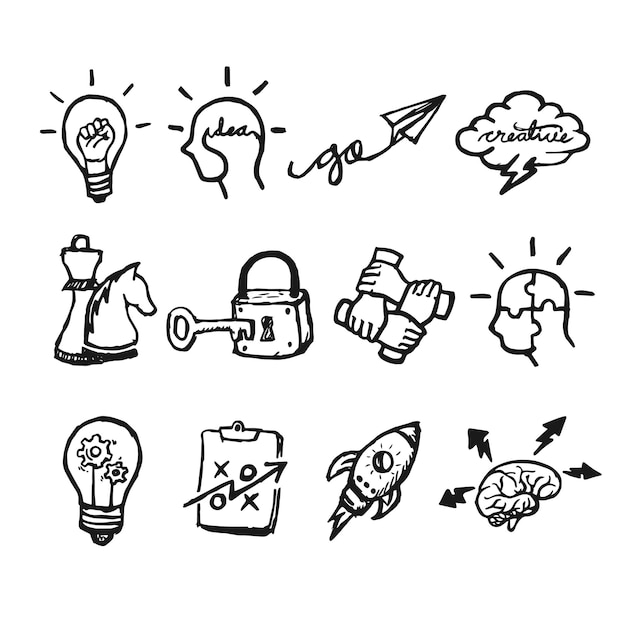 Idea y solución icono logo vector ilustración concepto con estilo dibujado a mano