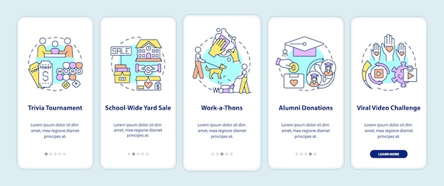 Ideas para apelar la recaudación de fondos para incorporar la pantalla de la página de la aplicación móvil. recorrido del torneo de trivia instrucciones gráficas de 5 pasos con conceptos. ui, ux, plantilla de vector gui con ilustraciones en colores lineales