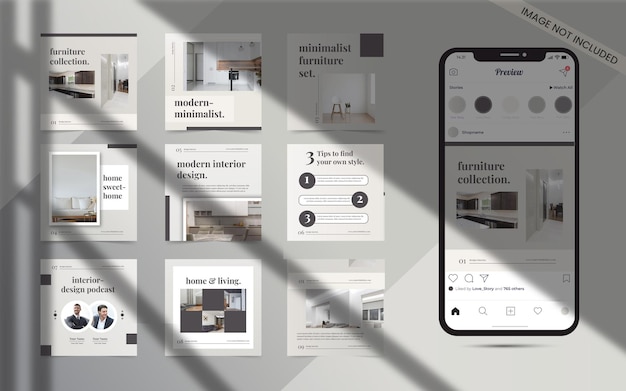 Vector ideas de contenido para publicación de banner en redes sociales para venta de promoción de interiores de muebles minimalistas de instagram con plantilla de foto editable
