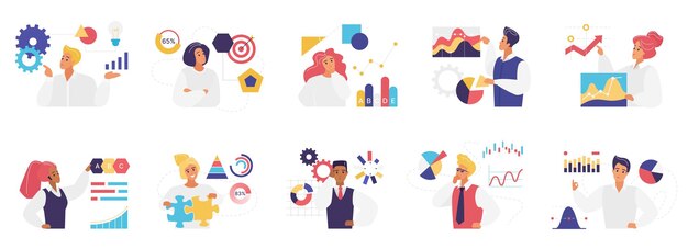 Ideas creativas e investigación de personas de negocios personajes establecidos piensan en informes de gráficos