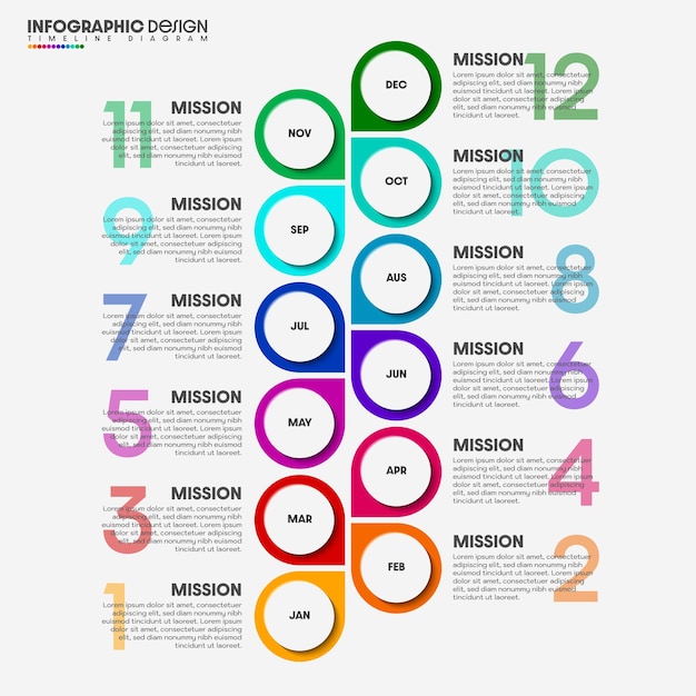 Ideas creativas de negocios con diagrama de línea de tiempo de 12 meses Vectores de diseño infográfico