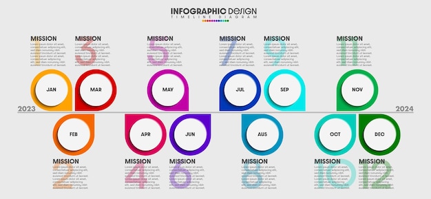 Ideas creativas de negocios con diagrama de línea de tiempo de 12 meses Vectores de diseño infográfico
