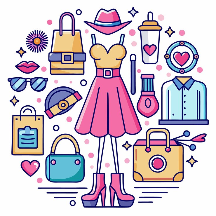 Vector ideas de ropa de moda vestido rosado con accesorios