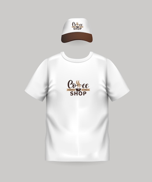 Identidad corporativa marca de café de camiseta Plantilla de maqueta de marca realista logotipo de café Plantilla de camiseta y gorra de marca Maqueta para cafetería restaurante de café Ilustración vectorial