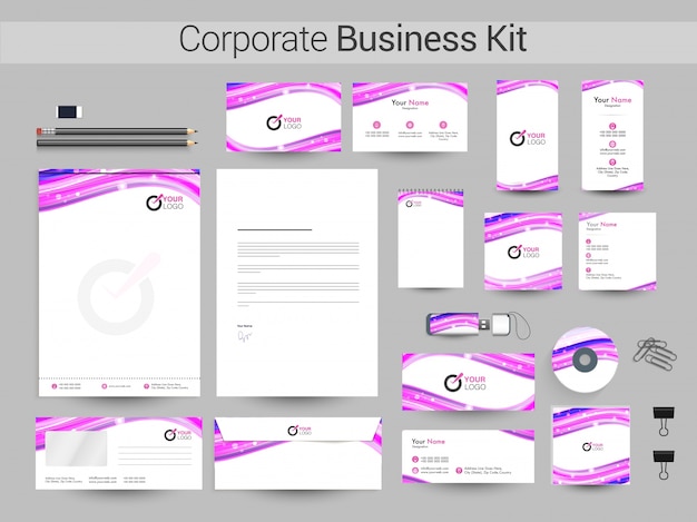 Identidad corporativa o business kit con ondas abstractas.