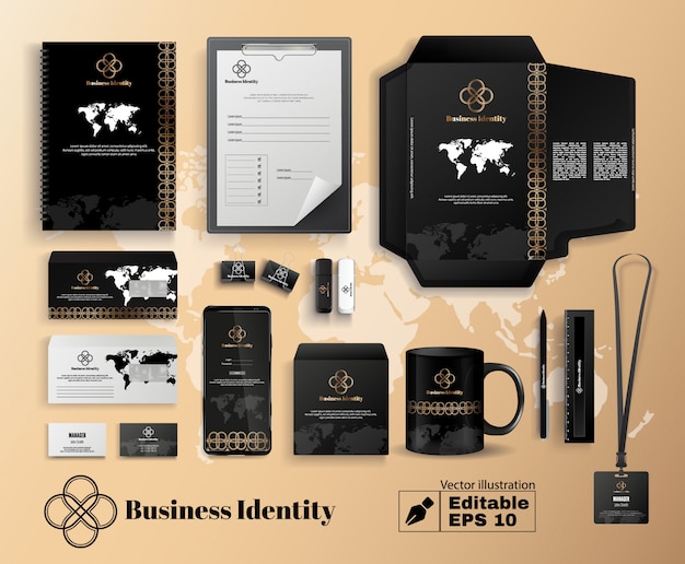 Identidad de la empresa comercial en color oro negro