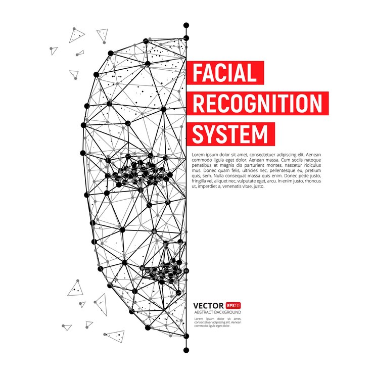 Identificación biométrica o concepto de sistema de reconocimiento facial. Ilustración de vector de rostro humano que consta de polígonos, puntos y líneas con lugar para el texto aislado sobre fondo blanco