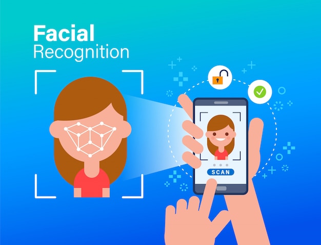 Identificación facial, reconocimiento facial, identificación biométrica, verificación personal. Aplicación móvil para reconocimiento facial. Usando el teléfono inteligente para escanear la cara de una persona. Ilustración de concepto de estilo plano.