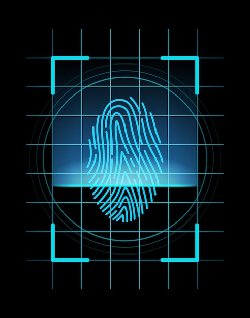 Vector identificación de huellas dactilares escaneo de seguridad de huellas dactilares o concepto de sistema de identificación tecnología futurista diseño de datos biométricos sistema de seguridad basado en líneas de pulgar ilustración vectorial