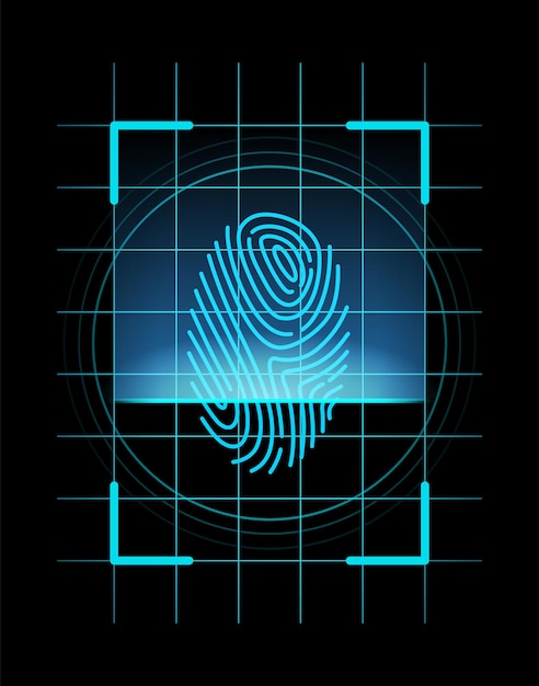 Vector identificación de huellas dactilares escaneo de seguridad de huellas dactilares o concepto de sistema de identificación tecnología futurista diseño de datos biométricos sistema de seguridad basado en líneas de pulgar ilustración vectorial