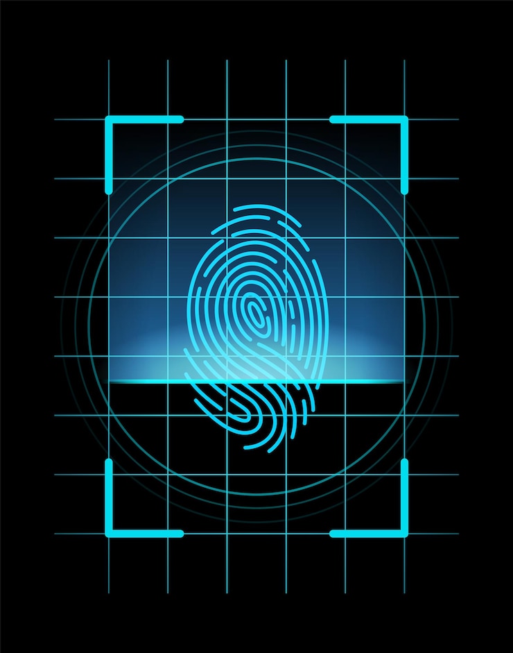 Vector identificación de huellas dactilares tecnología futurista escaneo de seguridad de huellas dactilares o concepto de sistema de identificación ilustración vectorial diseño de datos biométricos sistema de seguridad de líneas de pulgar