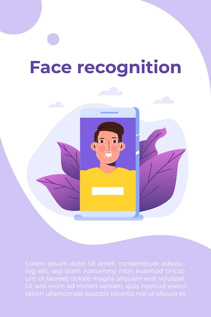 Identificación de seguridad biométrica, concepto de sistema de reconocimiento facial. Ilustración vectorial.