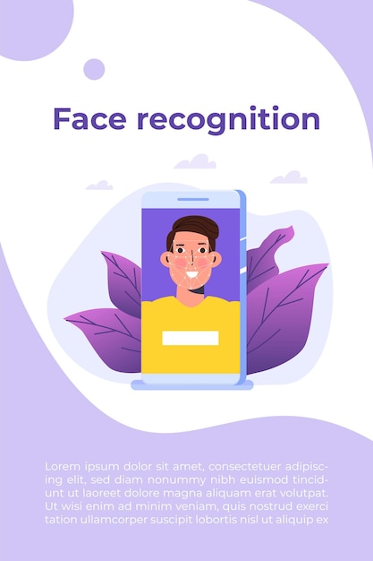 Vector identificación de seguridad biométrica, concepto de sistema de reconocimiento facial. ilustración vectorial.
