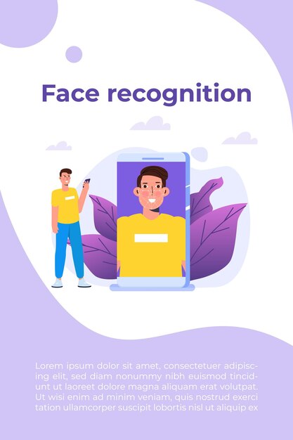 Identificación de seguridad biométrica, concepto de sistema de reconocimiento facial. Ilustración vectorial.