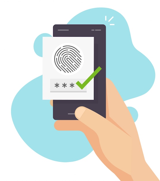 Vector identificación de seguridad de huellas digitales a través del sensor biométrico digital en línea en el teléfono móvil o la autenticación y autorización segura de huellas digitales