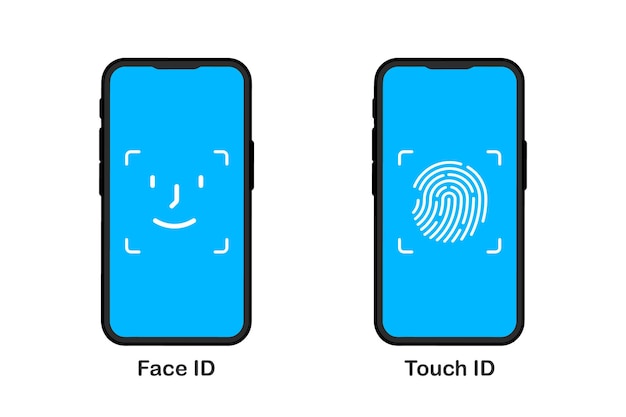 Vector identificación táctil y identificación facial en el icono vectorial del teléfono móvil iconos de identificación sistema de reconocimiento facial identificación facial escáner de dedos verificación biométrica ilustración vectorial